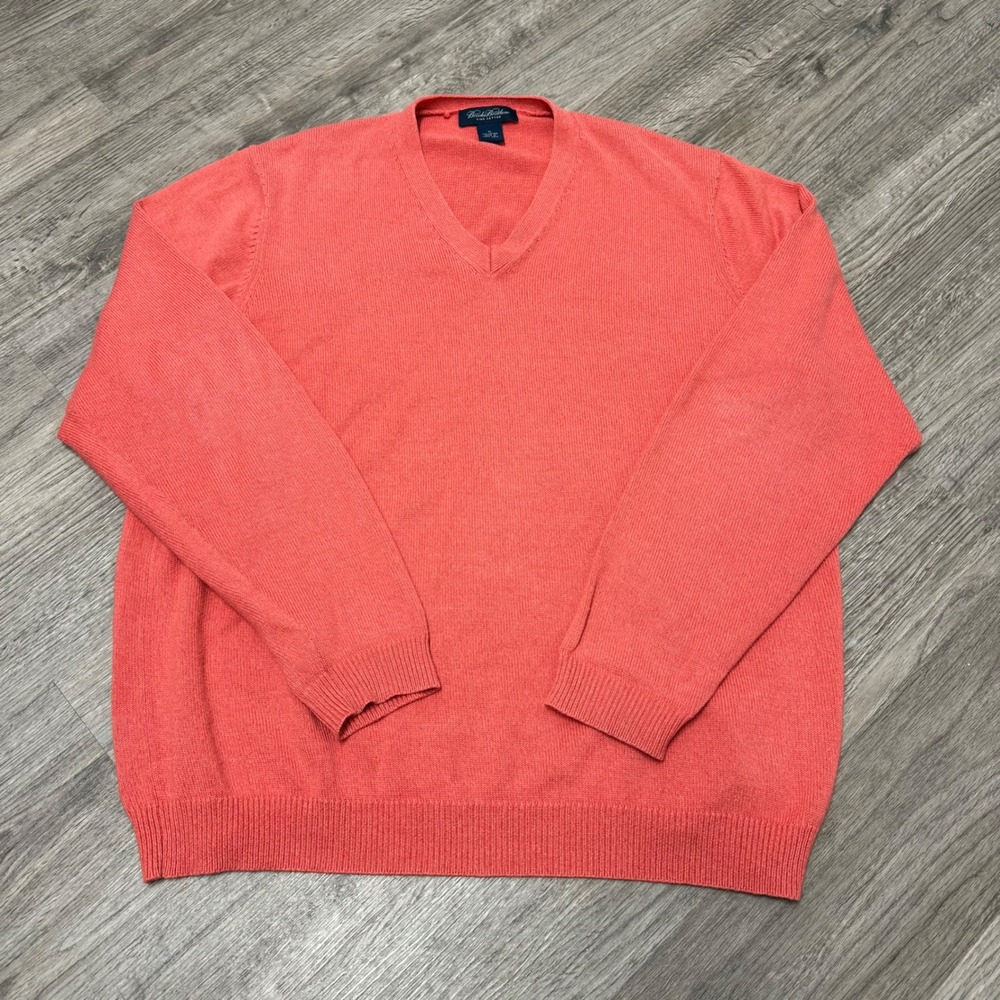 Brooks Brothers Mens XL Pima Cotton V-Neck‎ Sweater Coral Orange Ribbed Trim